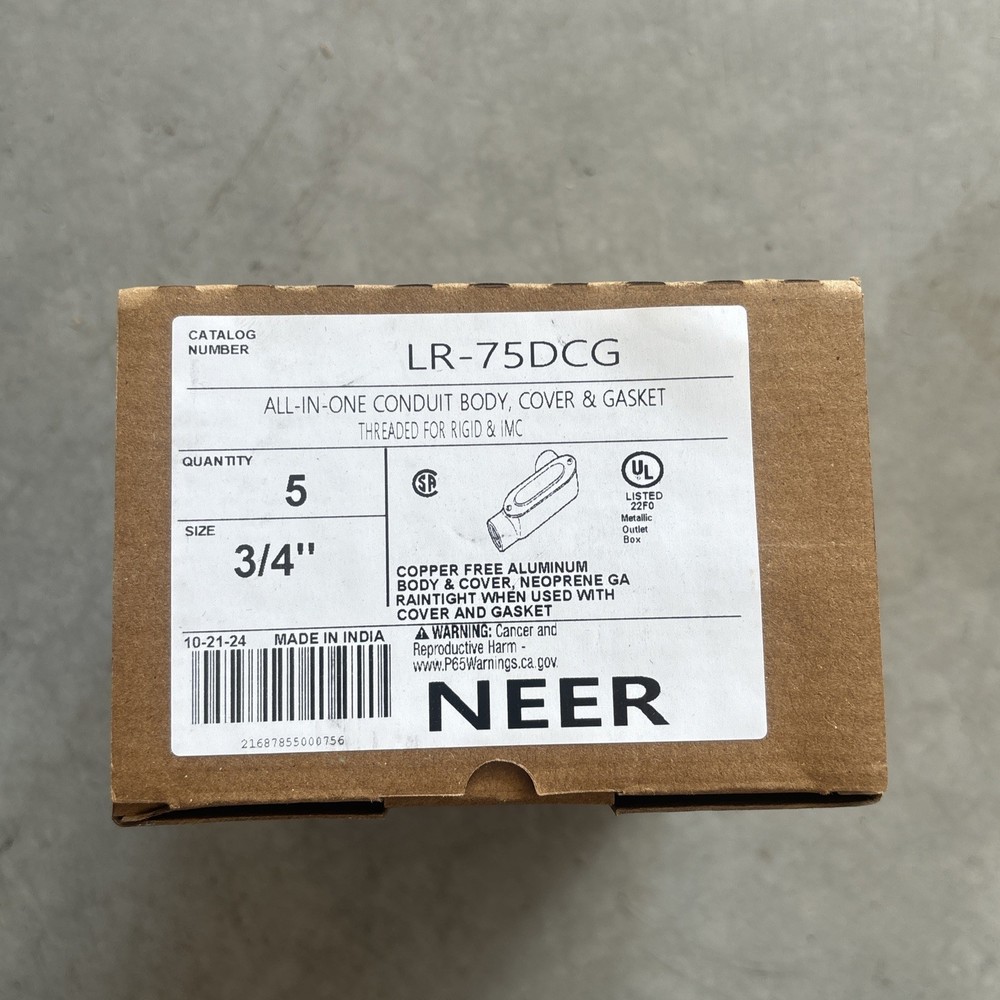 BOX OF 5 NEER LR-75DCG 3/4″ ALL-IN-ONE CONDUIT BODY WITH COVER & GASKET