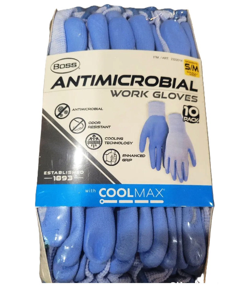 Boss Antimicrobial Women’s Work Gloves with Grip Coating – CoolMax Core (10PK)
