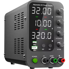 DC Power Supply 0-32V 0-10A Switching with 20W USB and Type-C Quick-Charge, LED