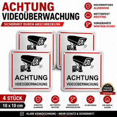 Video Surveillance Warning Sign Aluminium 10x10cm CCTV Sign 1 2 3 4 Pack Weatherproof