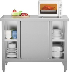 Stainless Steel Prep & Work Table with 2-Tier Cabinet & Sliding Doors for Garage