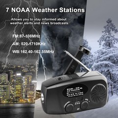 Solar Emergency Hand Crank NOAA Weather Radio with AM/FM, 2000mAh USB Phone Char