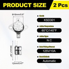 2Pcs KSD301 Thermostat 60°C/140°F 10A Normally Closed N.C Switch bake-lite