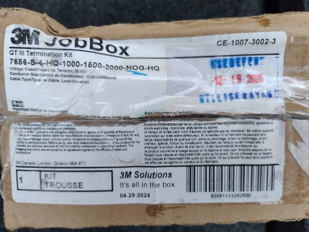 3M QT-III Cold Shrink Termination Kit 25kV,2000 kcmil Exp 12/2026, New
