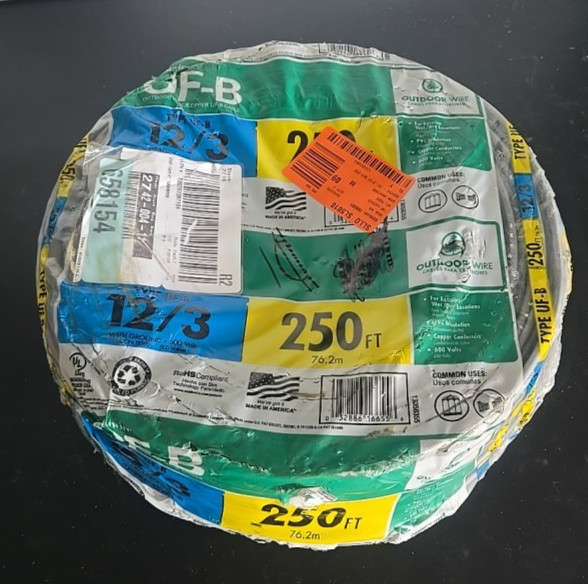 250 Feet 12/3 with Ground UF-B (Direct Burial) outdoor wire 600 volts RoHS compl