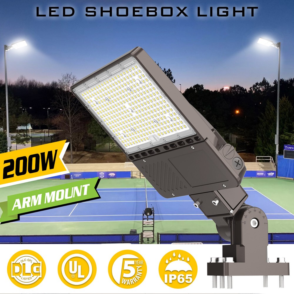 200W LED Parking Lot Shoebox Pole Light Fixture 5000K Daylight With Dusk To Dawn