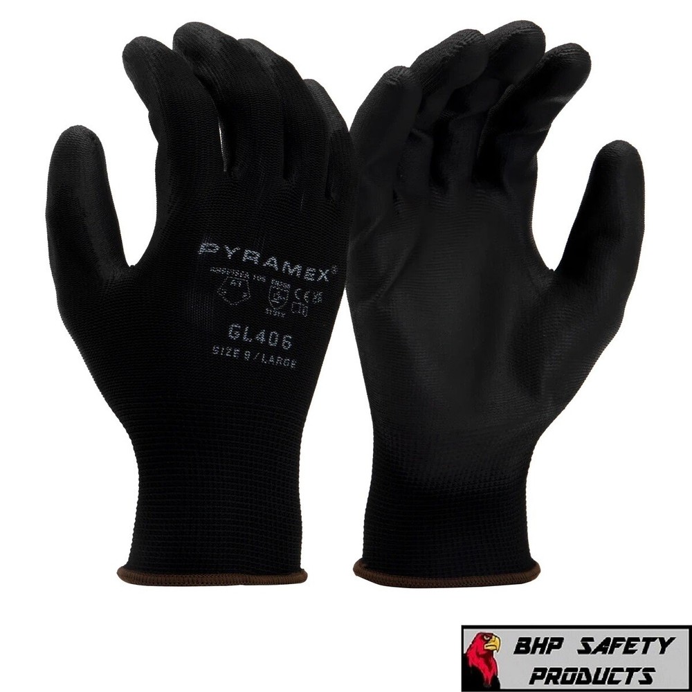 Pyramex Polyurethane Palm Coating Work Glove 13 Gauge Polyester Black (12 Pair)