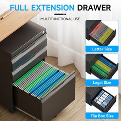 3 Drawer File Cabinet with Lock,Office Under Desk Rolling Filing Cabinet Storage