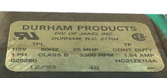 Durham HC21ZE114A Draft Inducer Blower Motor 025260 115V 3300 RPM used #MN315