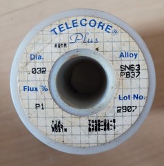 Telecore Plus Solder .032 Sn63 Pb27 P1 0.92 pounds remaining on 1# spool (roll)