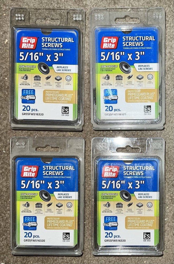 (4) – Grip Rite Structural Screws 5/16″ x 3″ (20 pcs.) GRSSFW516320 80pcs Total