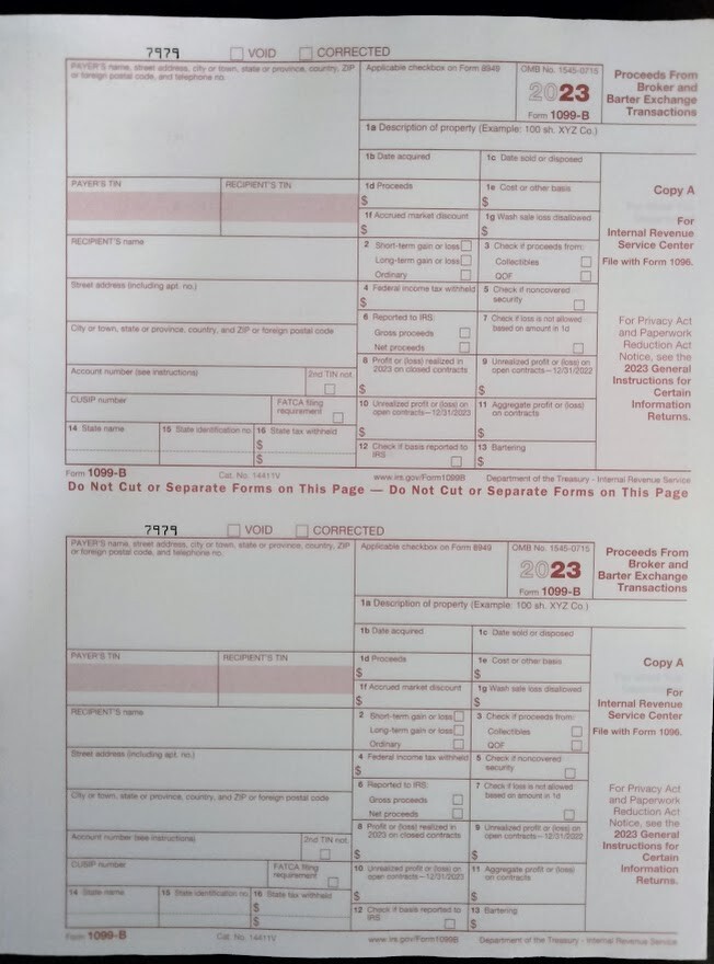 2023: 5 SHEETS 1099-B IRS Proceeds Broker/Barter Exch & 3=1096 Transmittal Forms