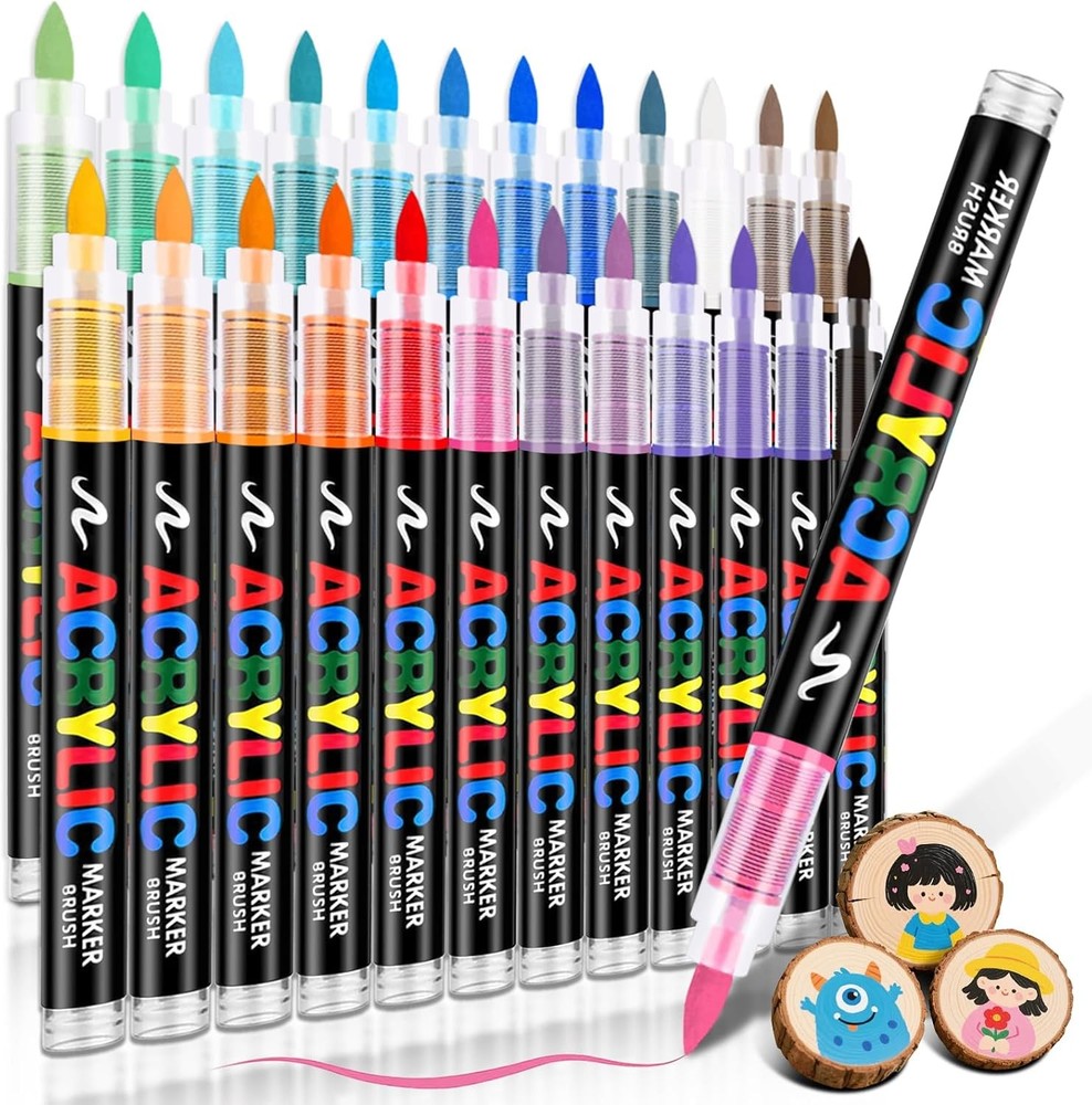 Acrylic Paint Markers Brush Tip 24 Colors, Water-Based Acrylic Colored Paint