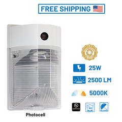 25W Mini Wall Pack White Dusk to Dawn Photocell 2500Lm 5000K Security Entrance