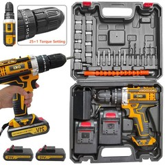 21V Cordless Impact Driver Electric Hammer Drill Combo Kit with 2 Battery B01