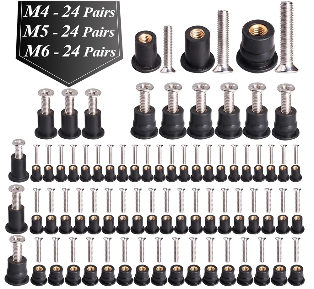 High Strength Rubber Well Nuts M4 M5 M6 – 72 Pairs with Durable Stainless Screws