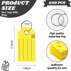 250 Pcs Yellow Key Tags with Labels and Rings: 1.38 X 2.76 Inches, 250 Labels, C