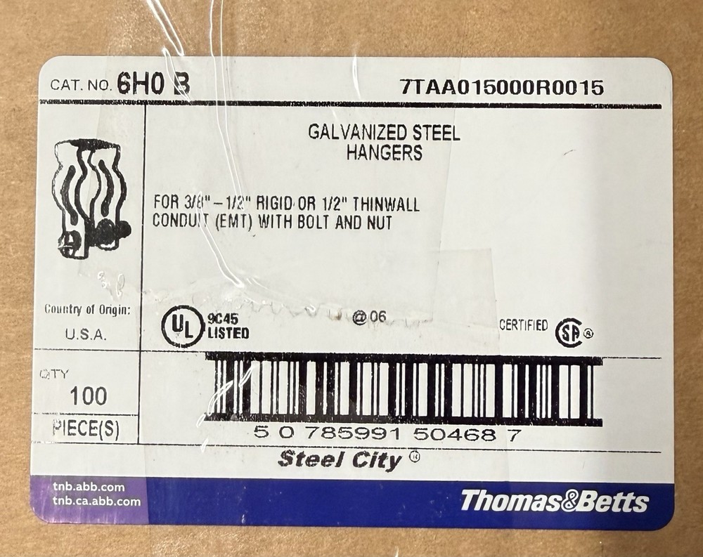Thomas & Betts Steel City 6H0 B (QTY 100) 3/8″- 1/2″ Conduit Galv Pipe Hangers
