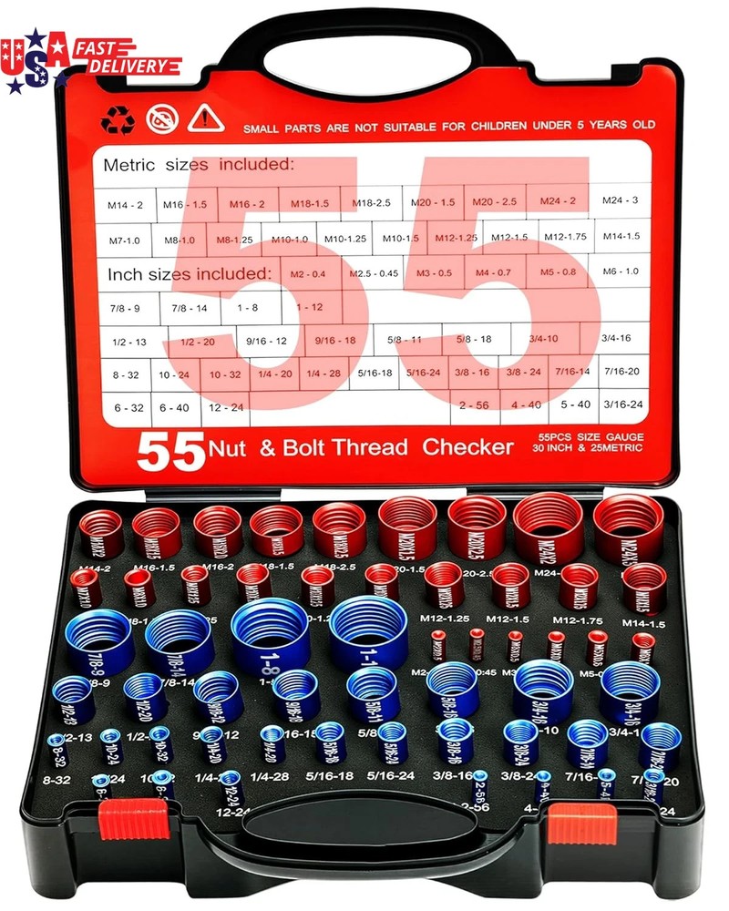 55Pcs Nut and Bolt Thread Checker 25 Metric + 30 SAE Inch Thread Gauge Set, Deta