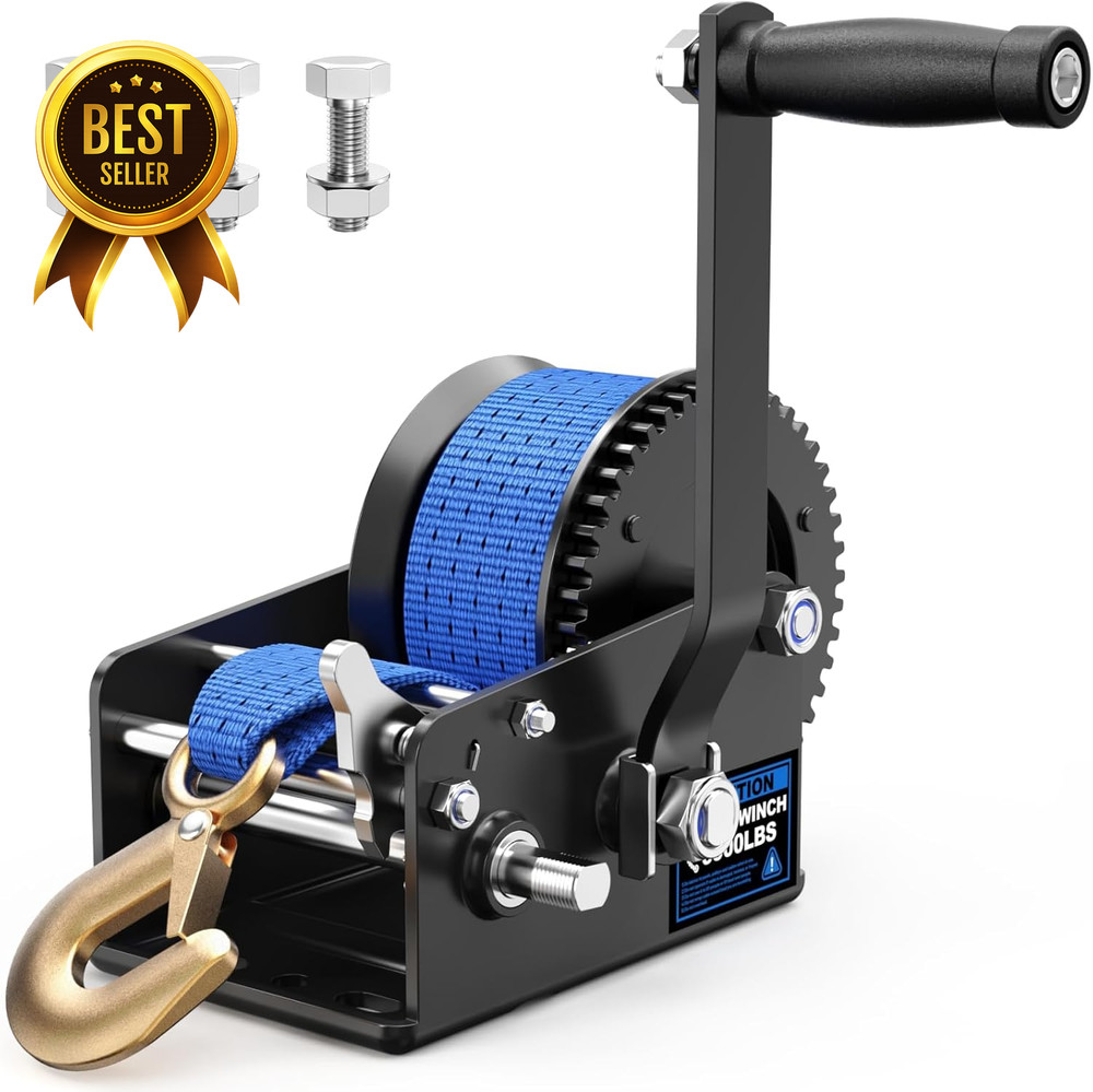 3500 lb Boat Trailer Winch Hand Crank Winch with 33 Ft Heavy Duty Strap and 2 Sp