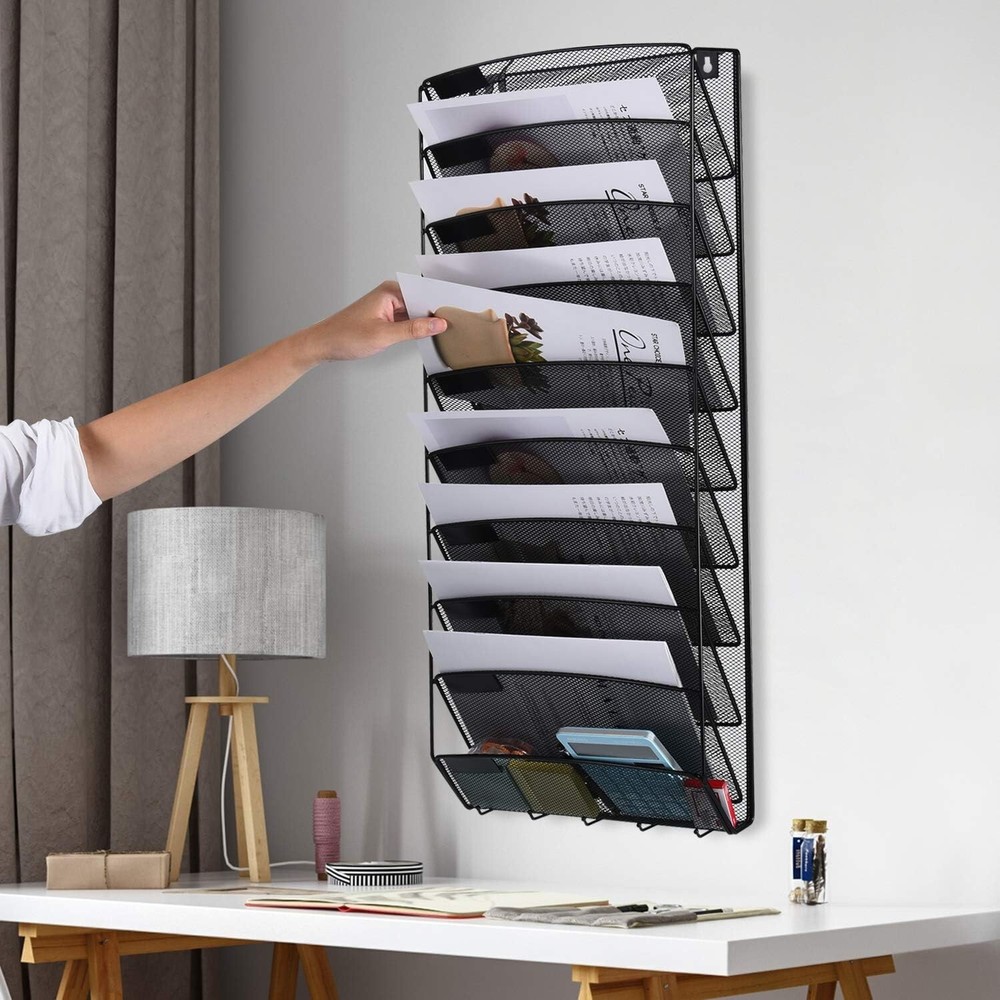 Hanging Wall Mount File Organizer 10 Pocket Paper Folder Holder Letter Rack