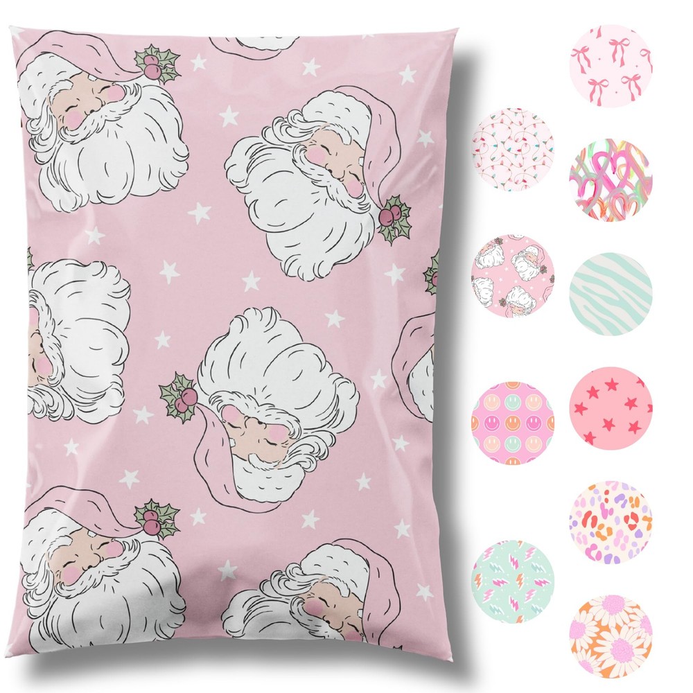 100 PCS 10×13 Inch Christmas Holiday Poly Mailer Pink Santa Shipping Bags