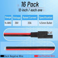 16 Pack SAE Connector 12 Inch 14 AWG Copper Wire, 2 Pin Single Plug Connector