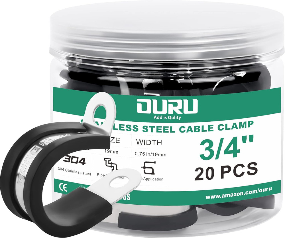 20Pcs 3/4″ Stainless Steel Cable Clamps, Rubber Coated Cushioned Insulated Clamp