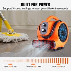 Floor Blower Fan Air Mover 1000 CFM 3-Speed 1/4 HP Floor Carpet Dryer