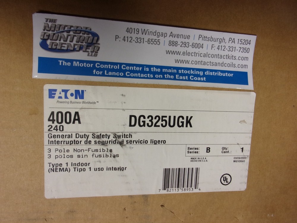 DG325UGK-EATON-GENERAL DUTY SAFETY SWITCH-3P,400A,240V,NON-FUSIBLE,NEMA 1 INDOOR