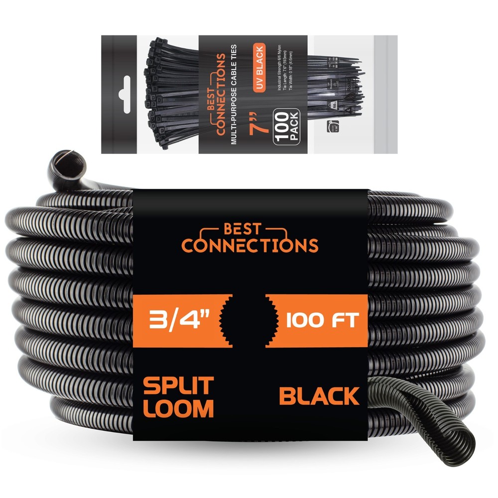 Best Connections 100ft 3/4″ Loom Tubing & 100 Pcs 7″ Zip Ties Black Flex-Guard