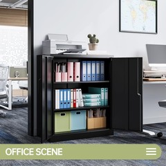 36 H Storage Cabinet 2 Doors 2 Shelves Lock Black Garage Home Office Kitchen
