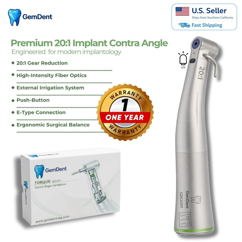 GemDent 20:1 Reduction Contra Angle Implant Surgical Fiber Optic LED Push Button
