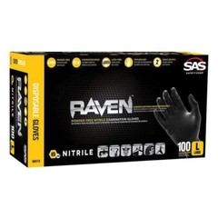 SAS 66518 RAVEN Black Nitrile Gloves Powder 100/BX L