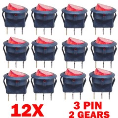 12PC For SPST 3 Pin ON/OFF Round Rocker Switch With Red Neon Lamp 10A/125VAC