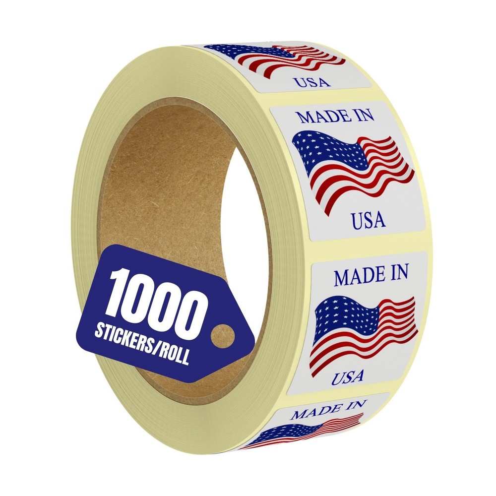 Made in USA Labels 1 X 1 Inches American Flag Stickers Glossy Paper, 1000 PCS Pe