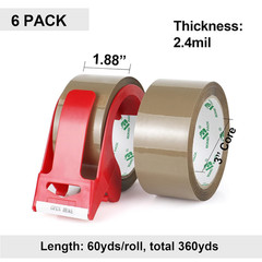 Brown Packing Tape with Dispenser, 2.4 Mil 1.88 Inch X 60 Yards, 6 Refills Rolls