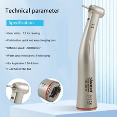 Dental Fiber Optic LED 1:5 Increasing Contra Angle Handpiece Quattro Water Spray