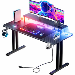 Gaming Desk with LED Lights & Power Outlet, Gamer Desk with Monitor Stand
