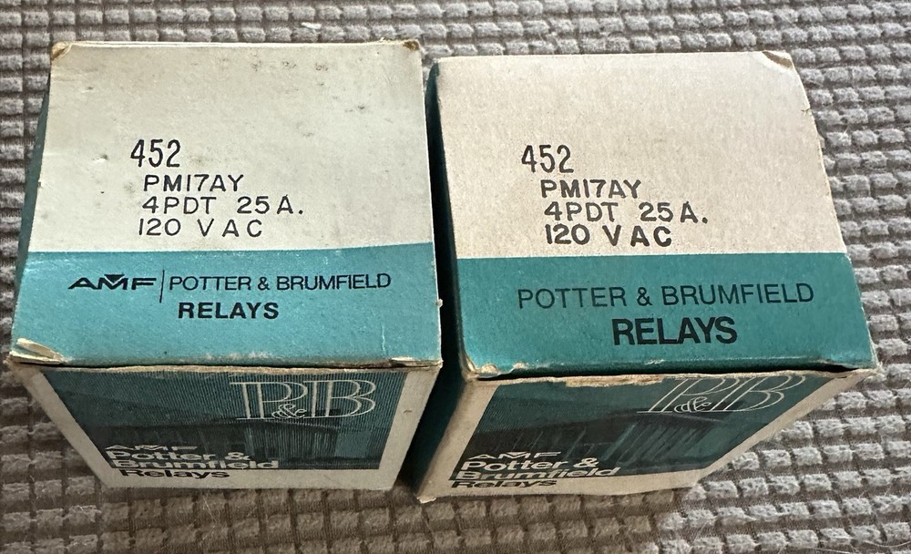 2 NOS Potter & Brumfield PM-17AY Power Relays 452 35A 120V AC 4PDT USA Made