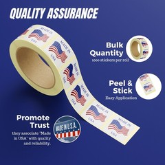 Made in USA Labels 1 X 1 Inches American Flag Stickers Glossy Paper, 1000 PCS Pe