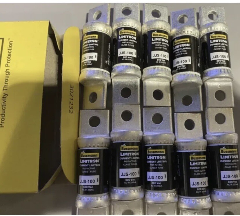 Lot of 10, NEW – JJS-100 Bussmann fuses. 100A, Class T, 600v. Qty. 10