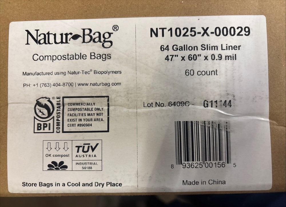 60x Pack 64 Gallon Natur-Bag Slim Liner Trash Bag Commercially Compostable