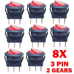 8x For SPST 3 Pin ON/OFF Round Rocker Switch With Red Neon Lamp 10A/125VAC HOT