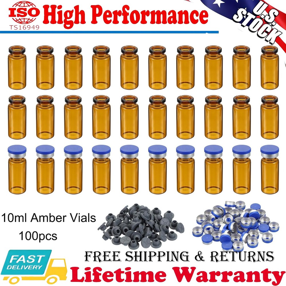 100x 10ml Glass Vials Amber Glass Headspace Vials Plastic-Aluminum Flip Off Caps