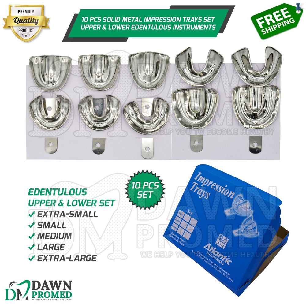 10 Pcs Solid Metal Dental Impression Trays Set Upper/Lower Edentulous Instrument