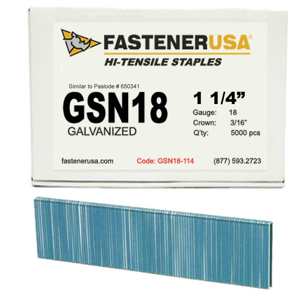 1-1/4″ LEG x 3/16″ CROWN 18GA GALV GSN18 STAPLES 5,000ct | GSN18-114