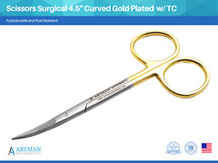 Scissors Surgical 4.5″ Curved Gold Plated Handle w/ Tungsten Carbide ARTMAN