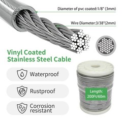 1/8″ Wire Cable Rope Kit ，Vinyl Coated 304 steel cable 200FT, 3mm