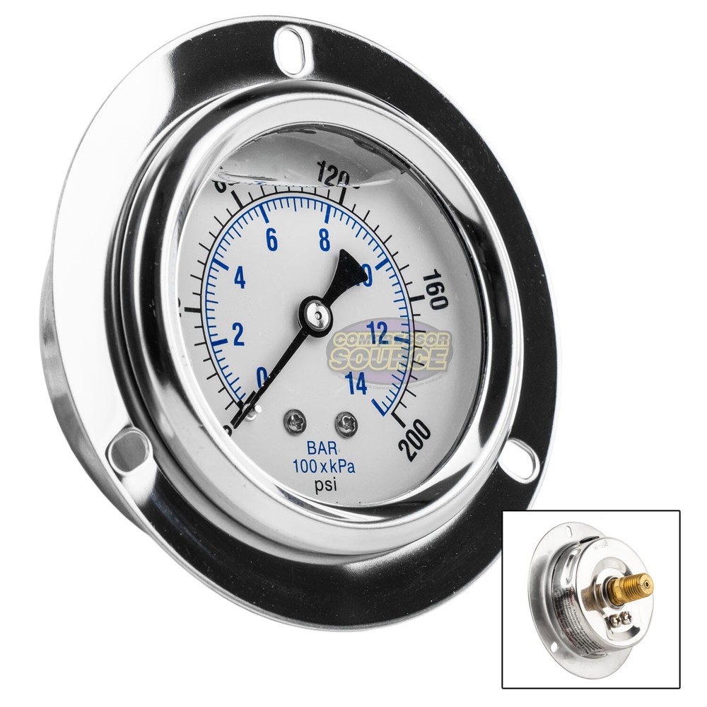 2.5″ Liquid Filled Pressure Gauge 0-200 PSI 1/4″ NPT CBM Panel Flush Mount